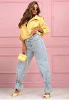 Pantaloni din denim mom fit z wiązaniem Annora albastru deschis