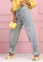 Pantaloni din denim mom fit z wiązaniem Annora albastru deschis