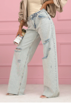 Pantaloni din denim wide leg z przetarciami Claribel albastru deschis