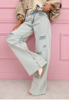 Pantaloni din denim wide leg z przetarciami Claribel albastru deschis