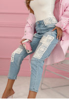 Pantaloni din denim skinny z koronkowymi naszywkami Funny Times albastru deschis