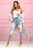 Pantaloni din denim skinny z koronkowymi naszywkami Funny Times albastru deschis