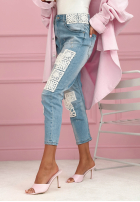 Pantaloni din denim skinny z koronkowymi naszywkami Funny Times albastru deschis