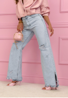 Pantaloni din denim mom fit z przetarciami Ivette albastru deschis