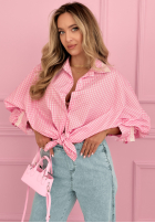 Cămașă w kratę z bufkami i koronką Dolores roz
