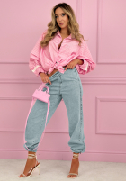 Cămașă w kratę z bufkami i koronką Dolores roz