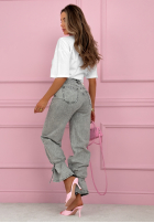 Pantaloni din denim mom fit z wiązaniem Annora albastru deschis