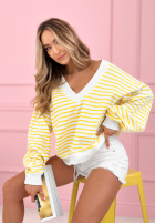 Pulover w paski z dekoltem Naomi biało-galbene