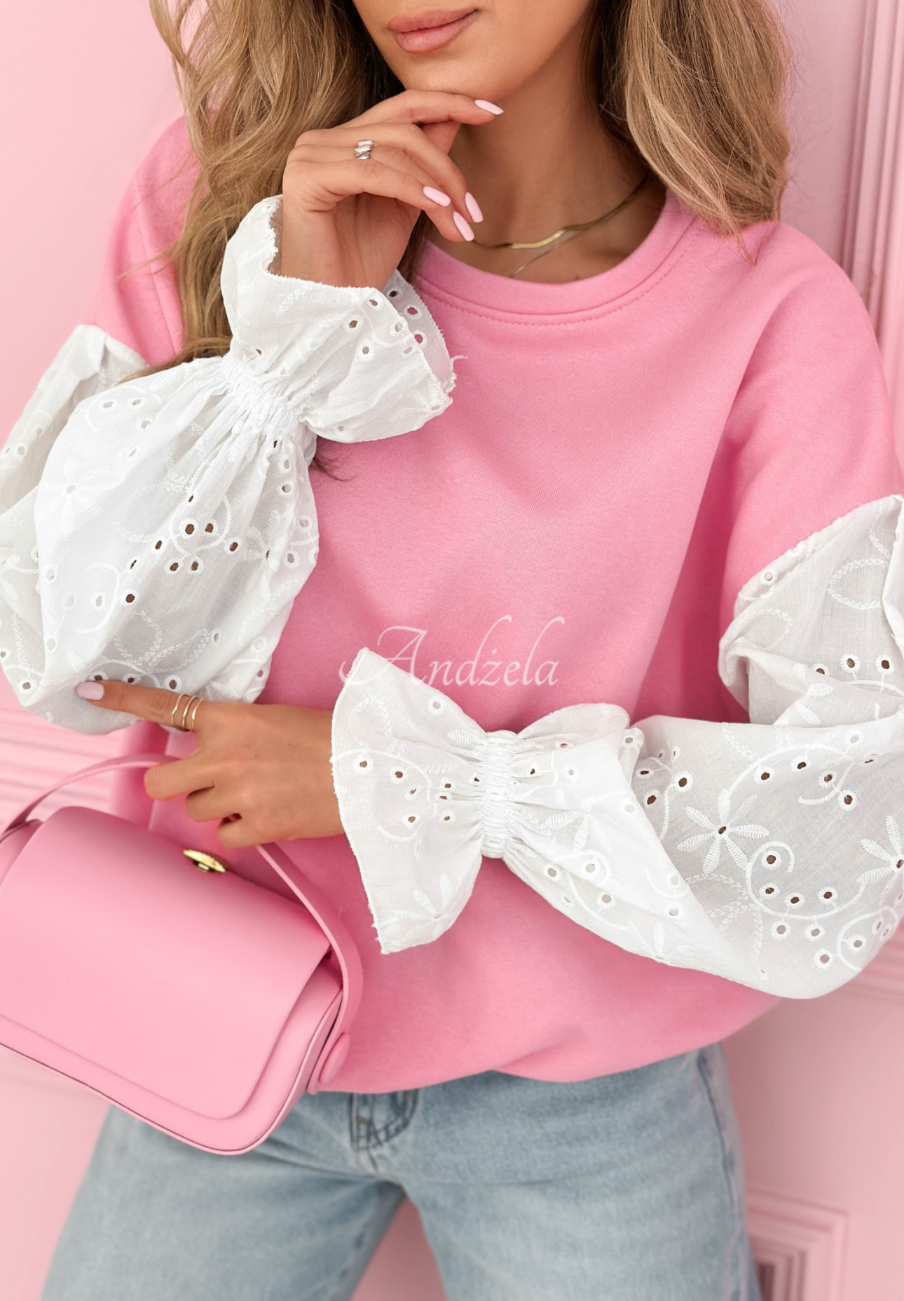 Hanorac din bumbac cu mâneci ajurate Leonora