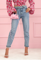 din denim Pantaloni mom fit z paskiem Valerio albastru deschis