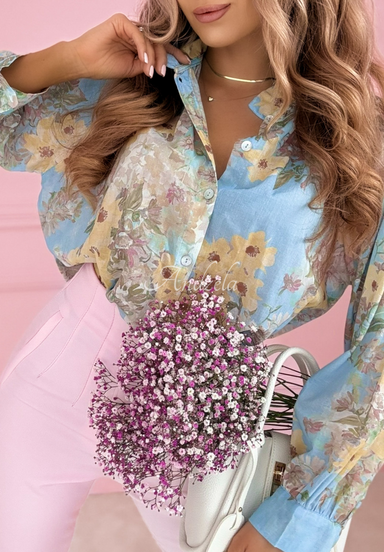 Bluză din bumbac cu imprimeu floral și guler ridicat Flower Blossoms