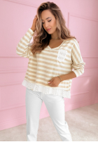 Pulover w paski z koronką Leonor biało-albastru azuriu