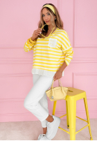 Pulover w paski z koronką Leonor biało-albastru azuriu