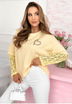 Hanorac z koronkowymi rękawami i serduszkiem Addison galben