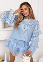 Zwiewny Compleu Cămașă i Fustă z falbankami Blooming Season albastru azuriu