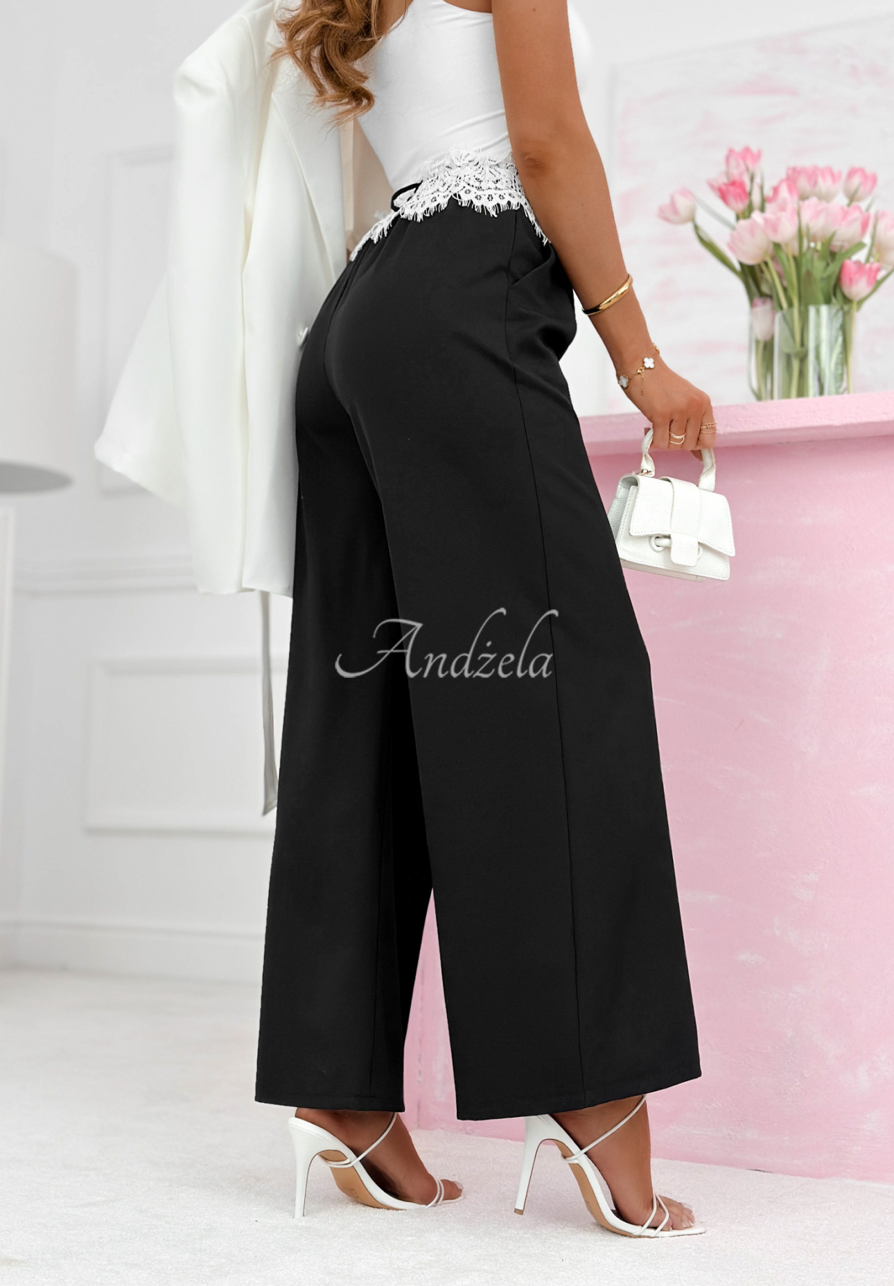 Pantaloni din material wide leg cu dantelă Melodine
