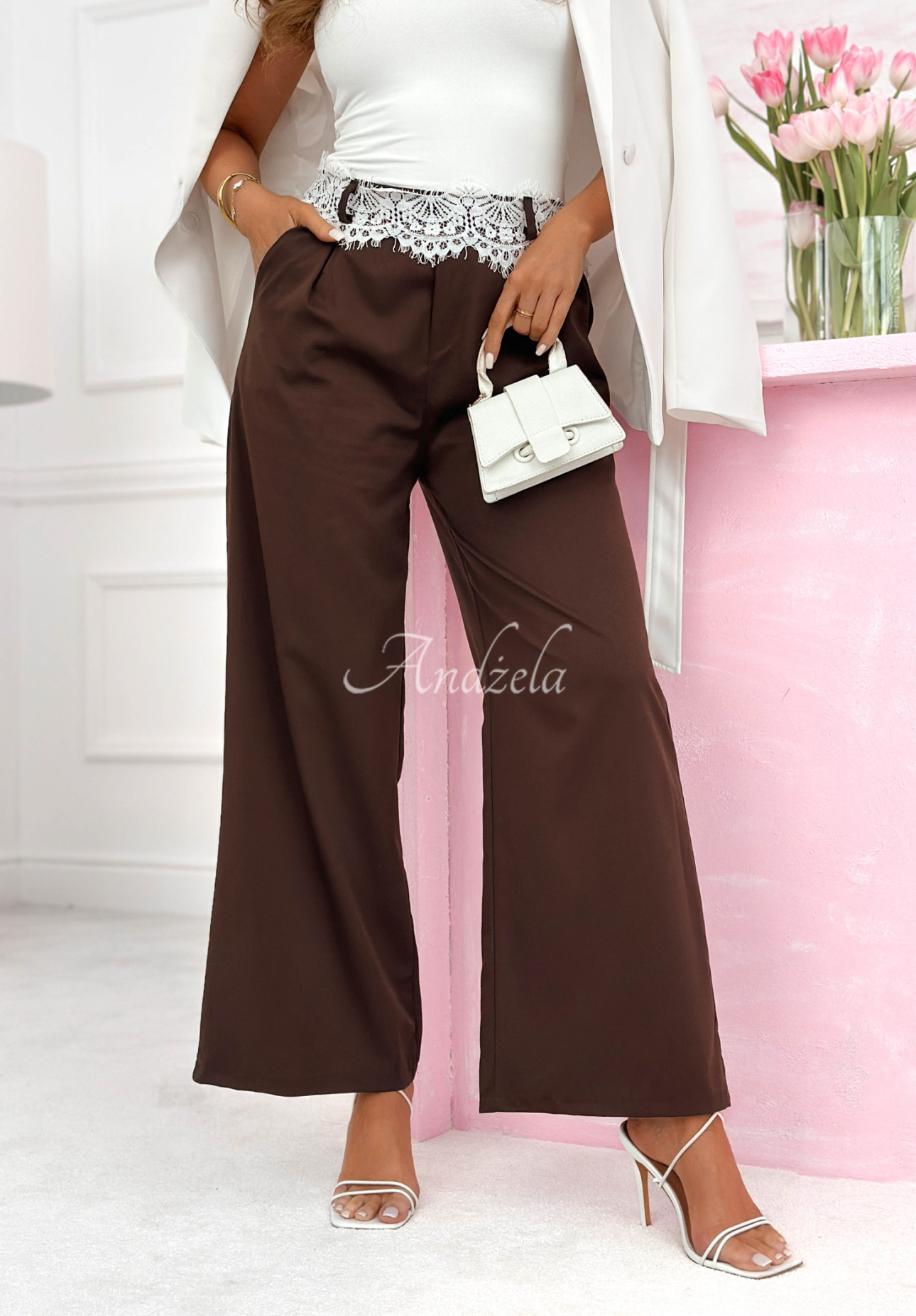 Pantaloni din material wide leg cu dantelă Melodine