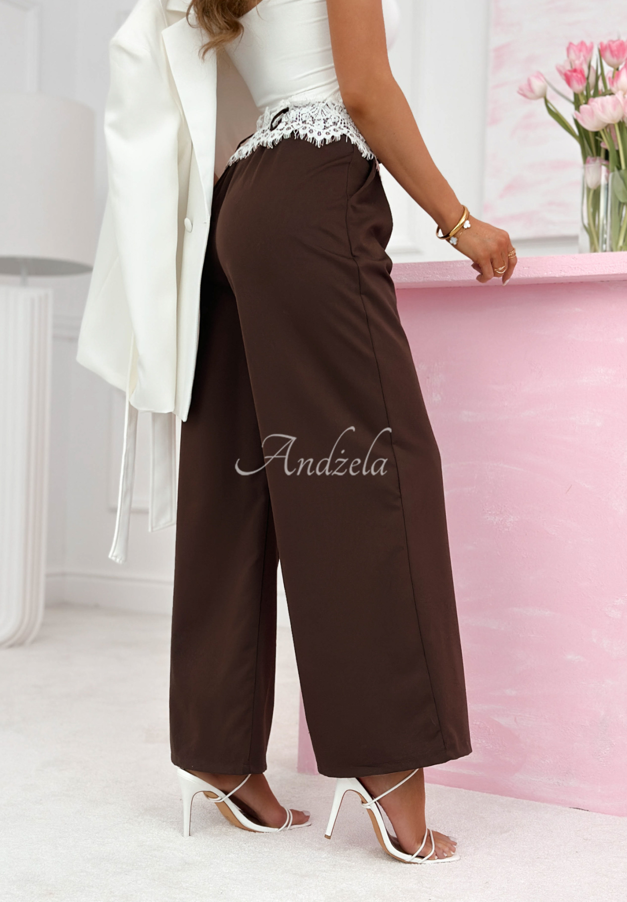 Pantaloni din material wide leg cu dantelă Melodine