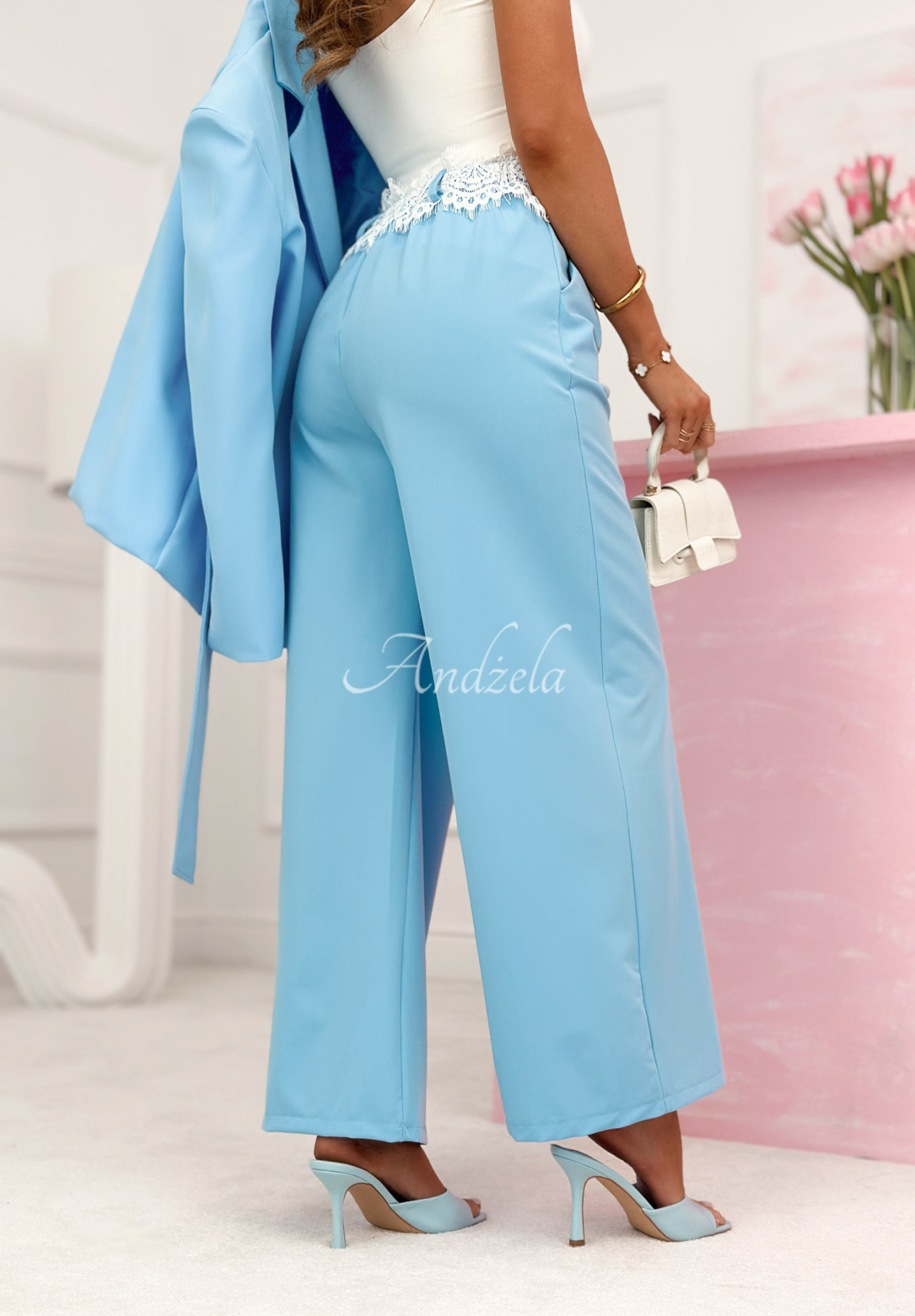 Pantaloni din material wide leg cu dantelă Melodine