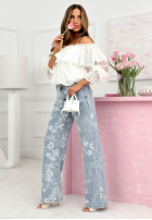 Pantaloni din denim wide leg w kwiecisty print Wildrose albastre