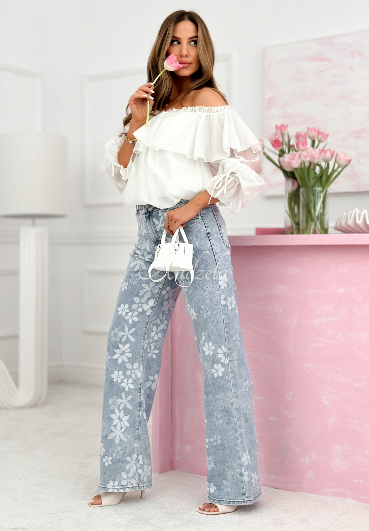 Blugi wide leg cu imprimeu floral Wildrose