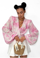 Wzorzysta Bluză z dekoltem na zakładkę La Milla Angelina beżowo-roz