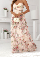 Kwiecista Rochie maxi z falbankami Felicity de culoarea vaniliei