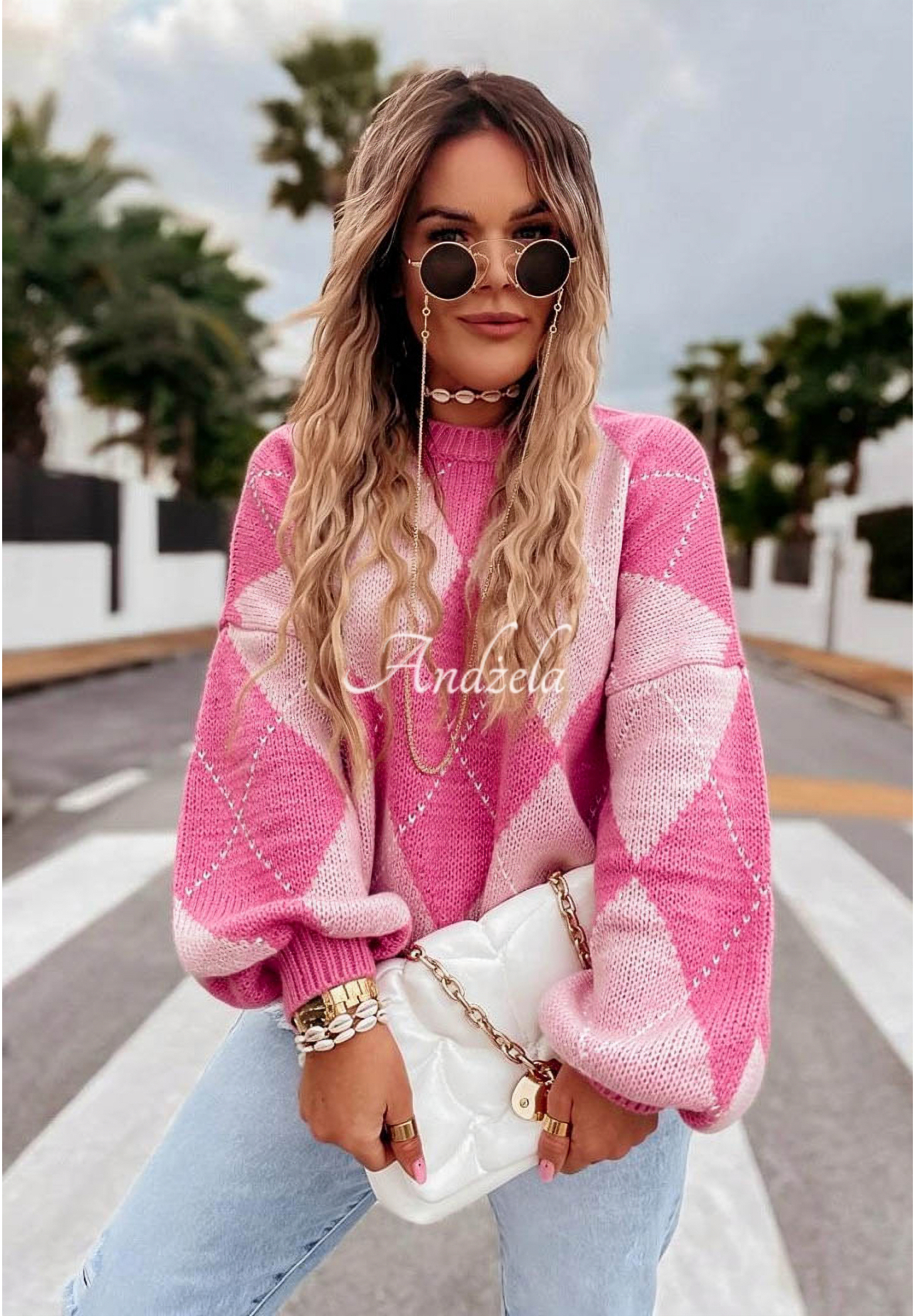 Pulover moale în romburi cu lână și viscoză Strawberry Smoothie