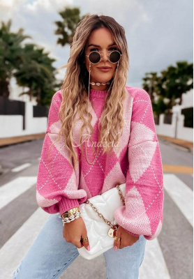 Pulover moale în romburi cu lână și viscoză Strawberry Smoothie