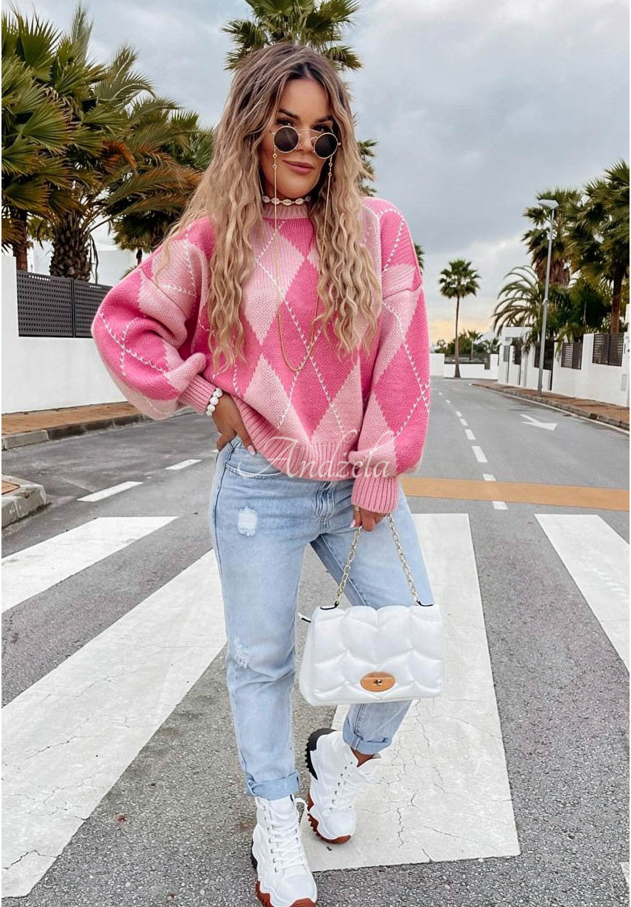 Pulover moale în romburi cu lână și viscoză Strawberry Smoothie