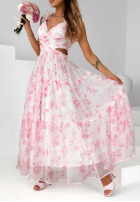 Kwiecista Rochie maxi na ramiączkach z falbankami Prudence biało-roz