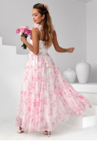 Kwiecista Rochie maxi na ramiączkach z falbankami Prudence biało-roz