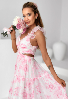 Kwiecista Rochie maxi na ramiączkach z falbankami Prudence biało-roz