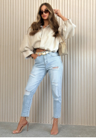 Pantaloni din denim mom fit z przetarciami Laurent albastru deschis