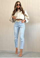 Pantaloni din denim mom fit z przetarciami Laurent albastru deschis