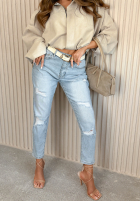 Pantaloni din denim mom fit z przetarciami Laurent albastru deschis