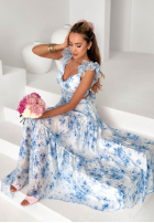 Kwiecista Rochie maxi na ramiączkach z falbankami Prudence biało-roz