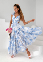 Kwiecista Rochie maxi na ramiączkach z falbankami Prudence biało-roz