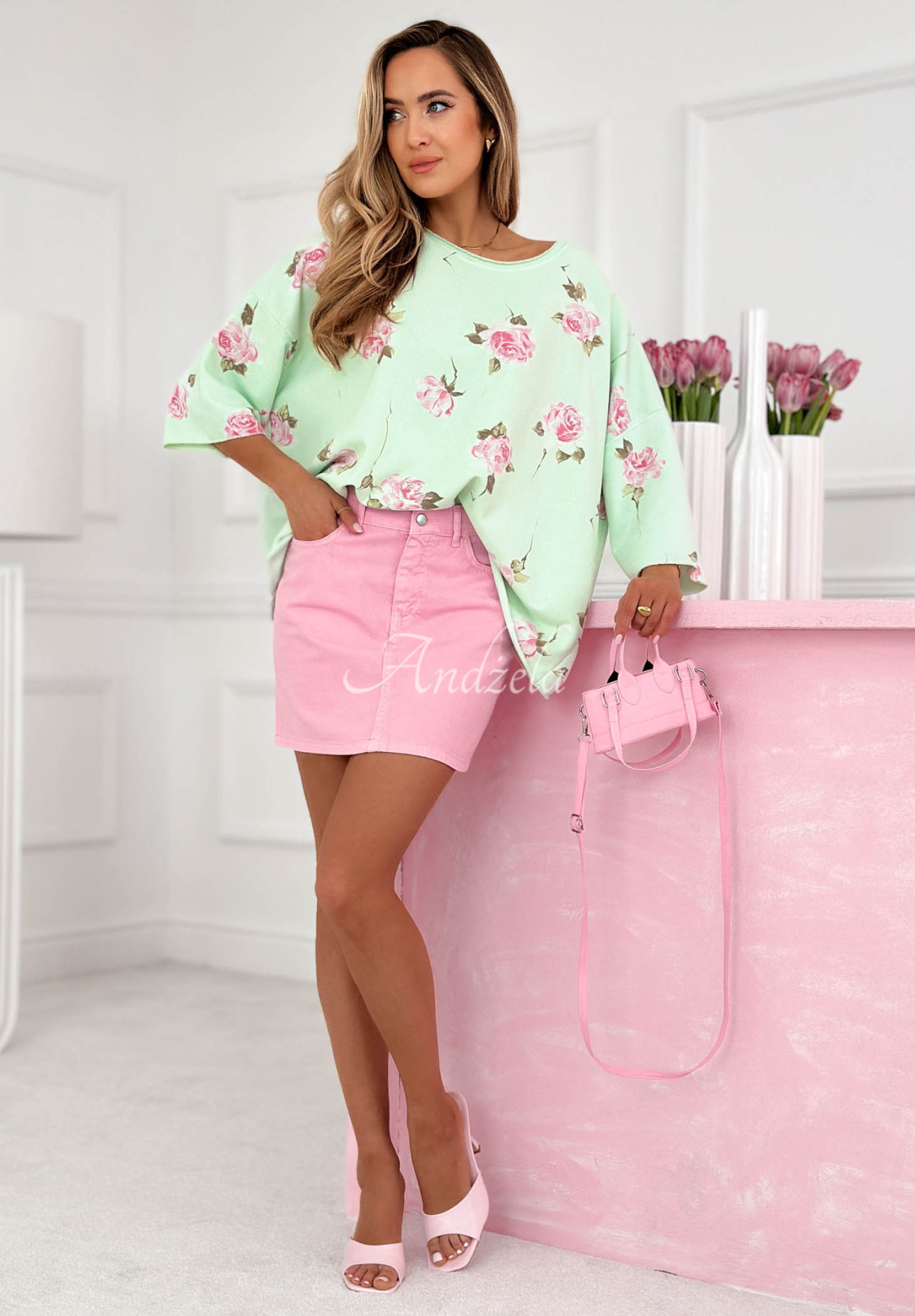 Hanorac din bumbac oversize cu imprimeu în trandafiri Rosanella