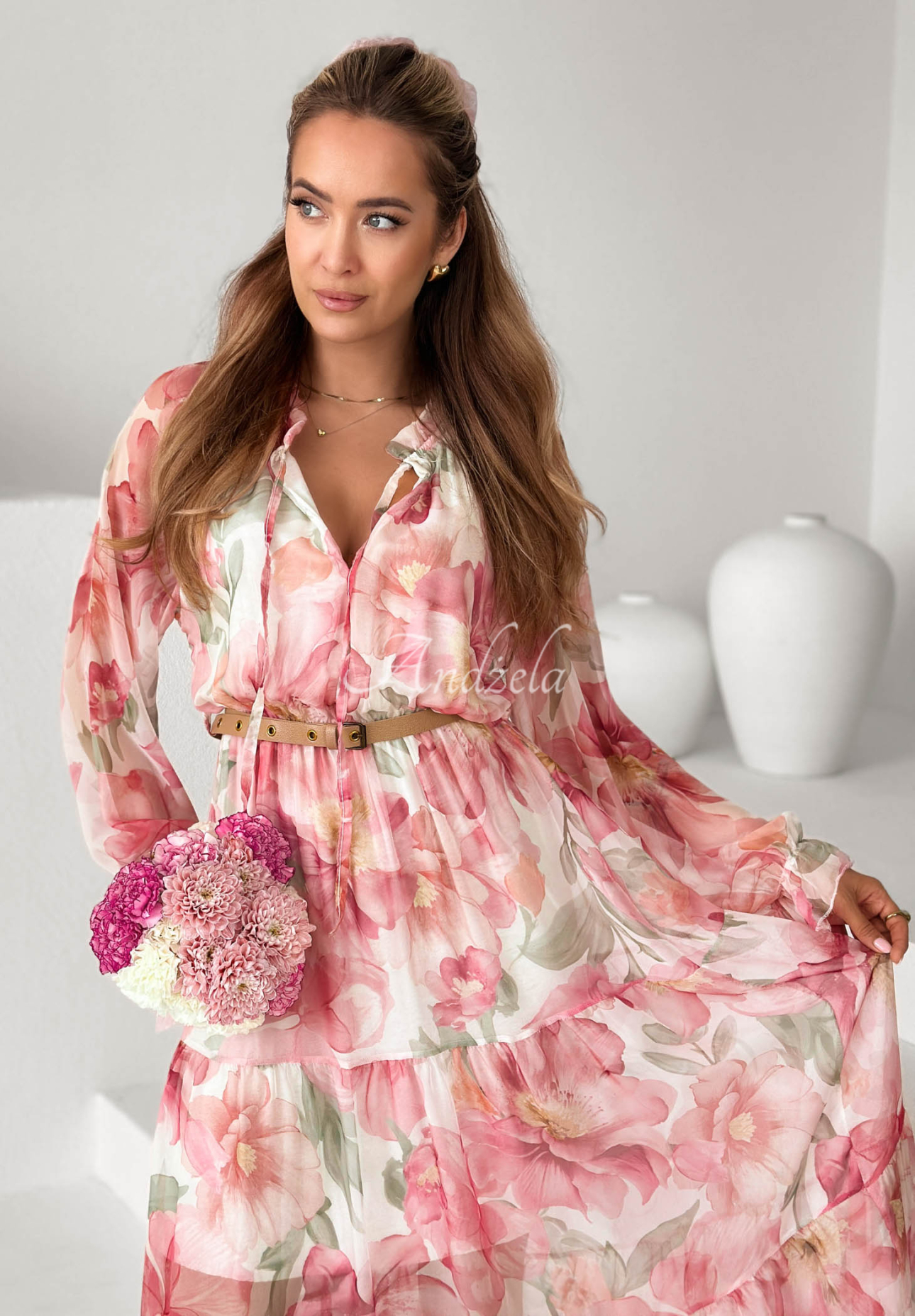 Rochie maxi cu imprimeu floral cu volănașe și curea Pretty Orchid