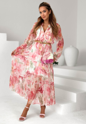 Rochie maxi cu imprimeu floral cu volănașe și curea Pretty Orchid
