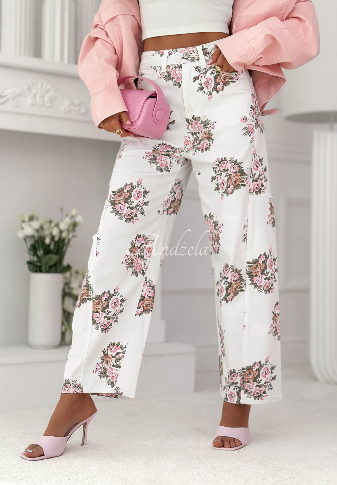 Blugi balloon cu imprimeu floral Floral Denim