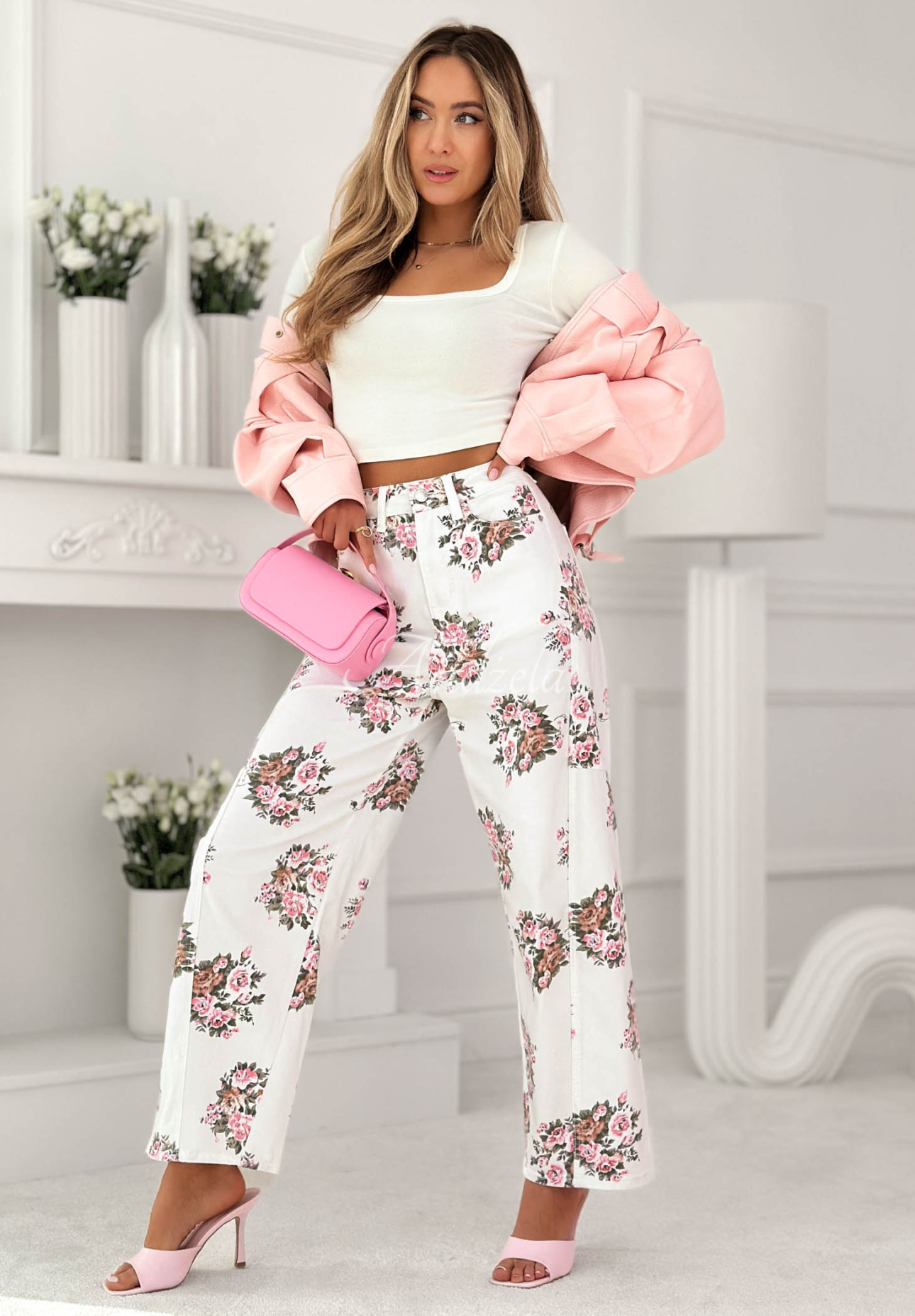 Blugi balloon cu imprimeu floral Floral Denim