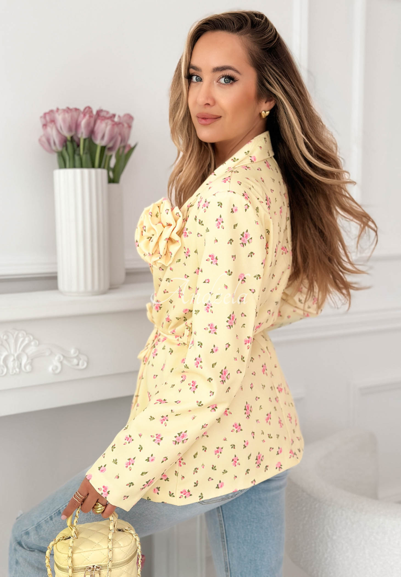 Sacou cu imprimeu floral cu curea și trandafir Macarena