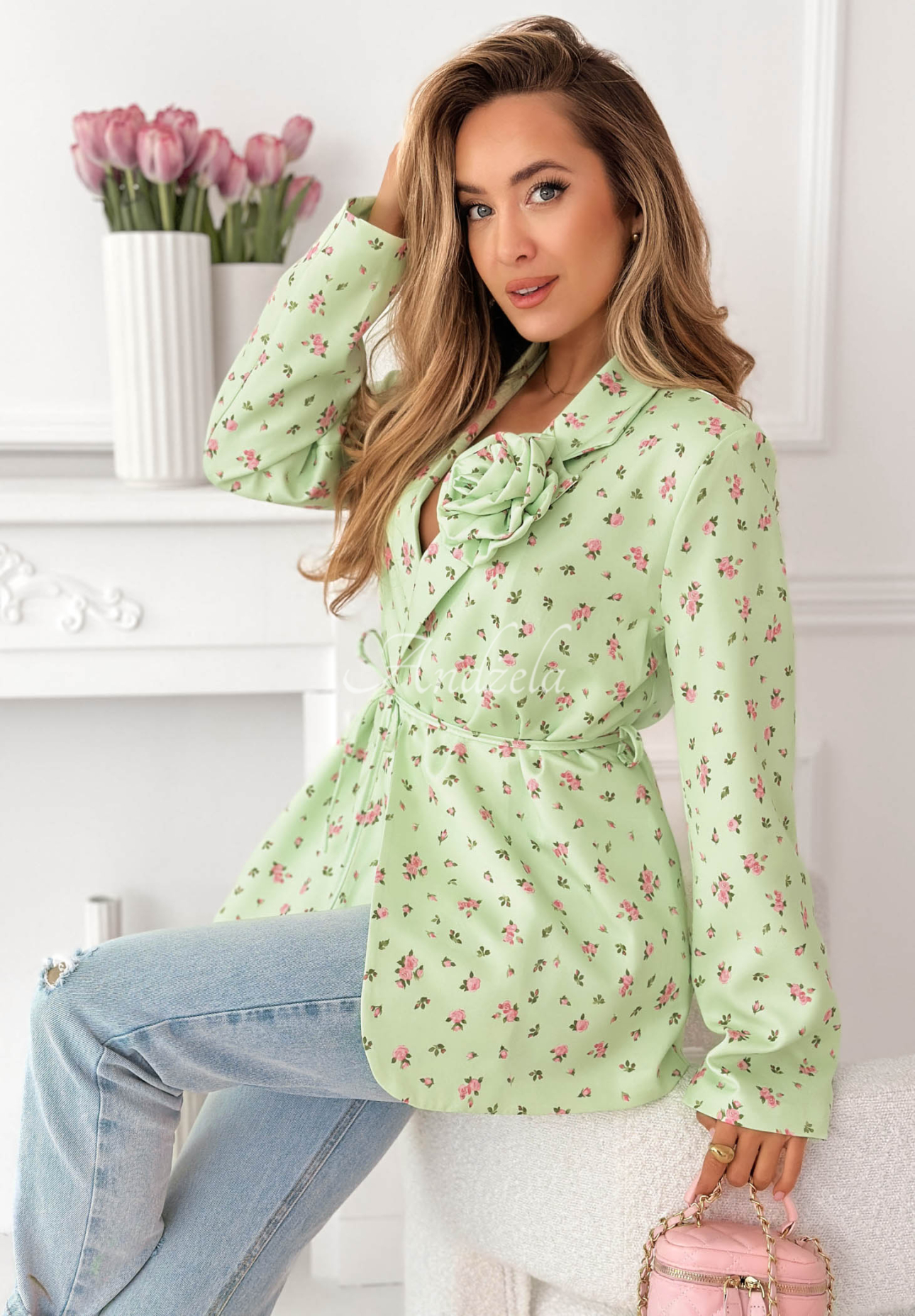 Sacou cu imprimeu floral cu curea și trandafir Macarena