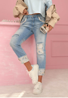 Pantaloni din denim mom fit z naszywkami Come Back Again albastru deschis