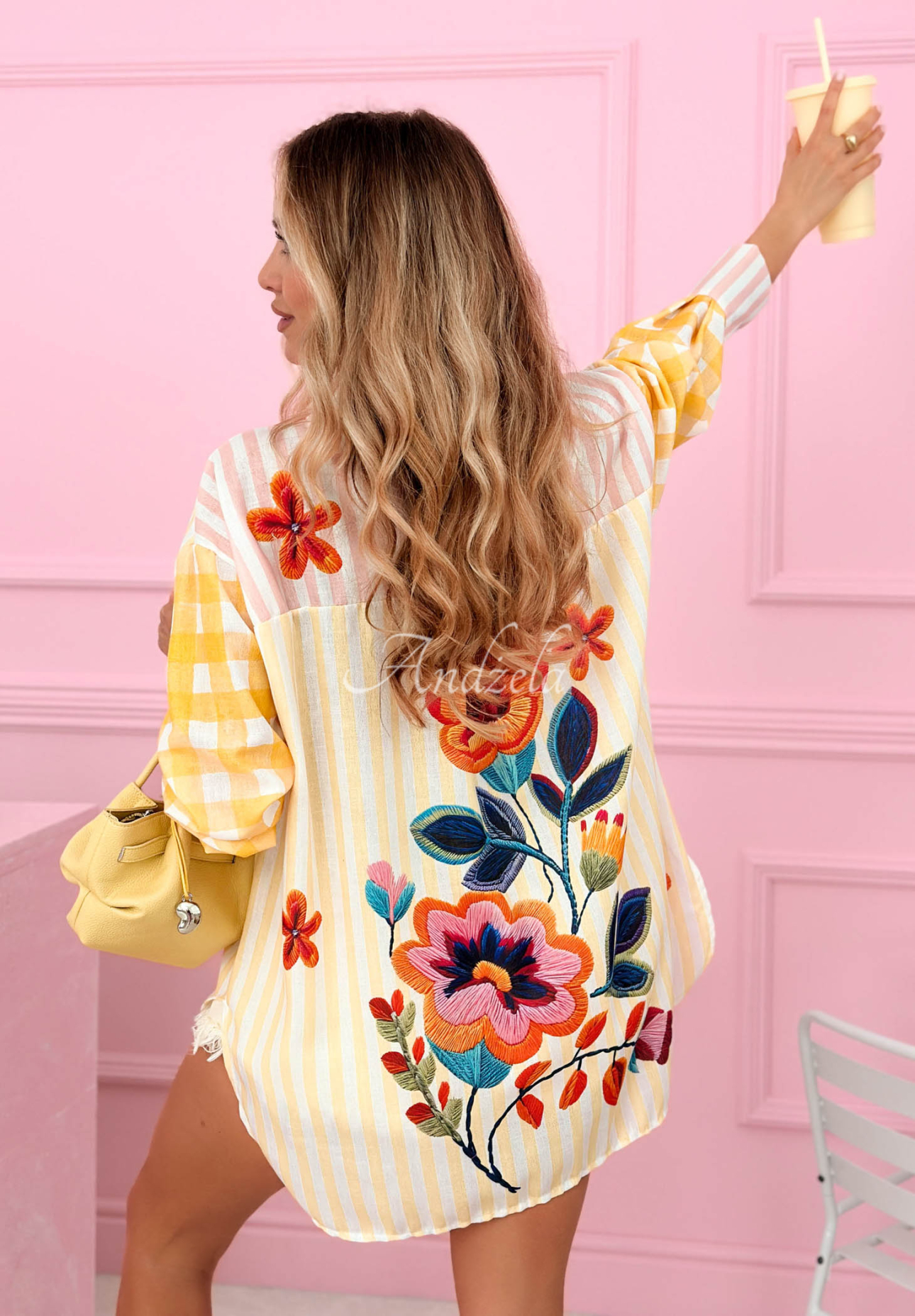 Cămașă asimetrică în dungi și cu imprimeu floral din viscoză Clover