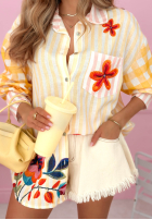 Satynowa Cămașă w paski i kwiaty Clover galben