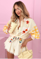 Satynowa Cămașă w paski i kwiaty Clover galben