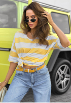 Tricou z dekoltem w paski Blaire biało-roz